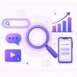 Future of SEO illustration: a glowing search bar with an AI chat bubble, a rising ranking chart, a mobile phone and a video play icon around a purple magnifying glass