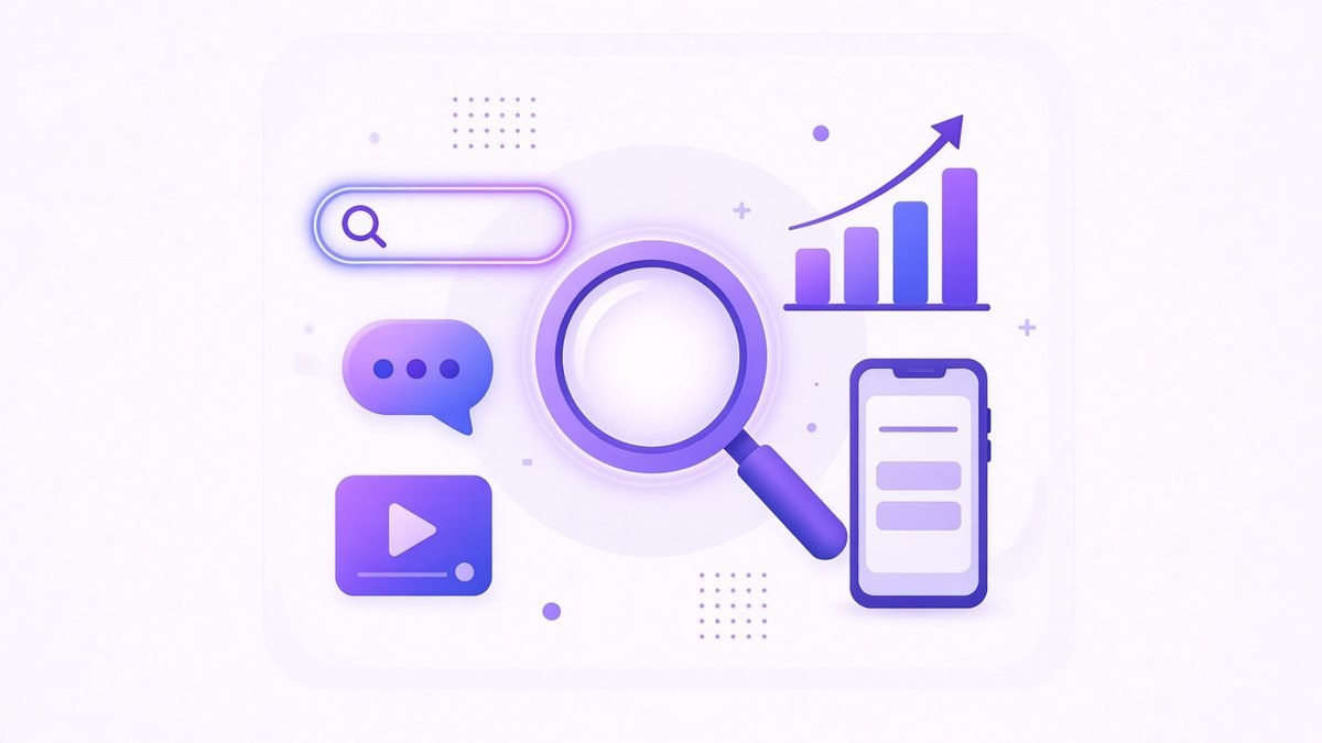 Future of SEO illustration: a glowing search bar with an AI chat bubble, a rising ranking chart, a mobile phone and a video play icon around a purple magnifying glass
