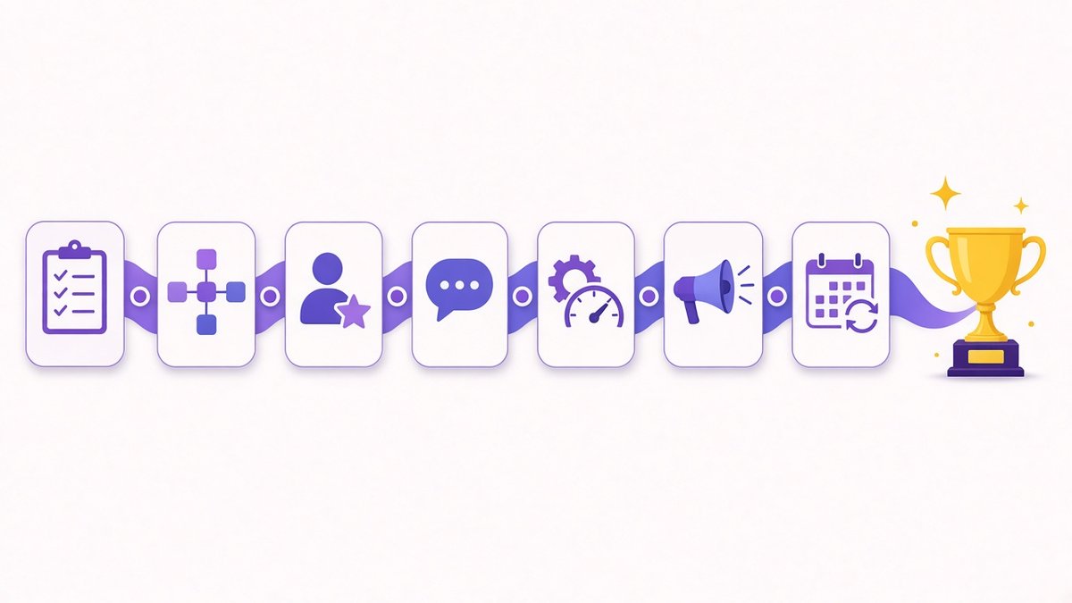 Seven-step plan to future-proof SEO shown as a path of cards: audit, core topics, real experience, answer-first content, technical fixes, brand mentions and quarterly updates