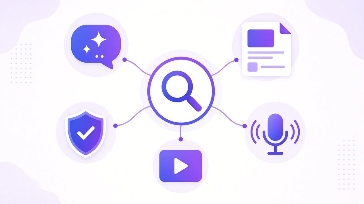 Future of SEO trends diagram showing AI Overviews, zero-click results, E-E-A-T trust badge, video search and voice search icons connected to a central search engine