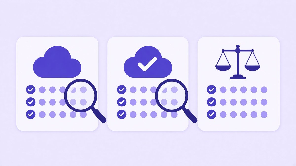Three option cards with checkmark rows, magnifying glasses and a balance scale for comparing the best cloud storage for small business