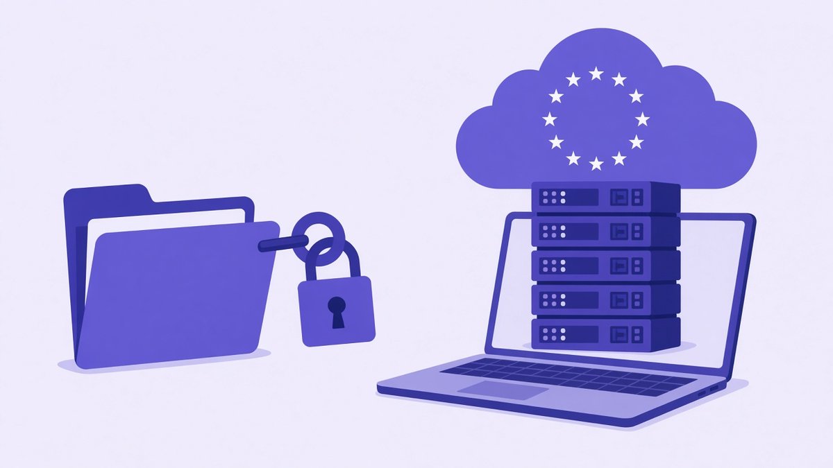 Locked folder and a cloud ringed with EU stars above a server rack on a laptop, showing encryption and GDPR in cloud storage for small business
