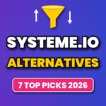 Yellow sales funnel with swap arrows above the headline Systeme.io Alternatives, 7 top picks for 2026