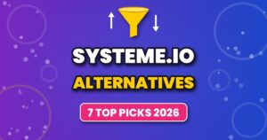 Yellow sales funnel with swap arrows above the headline Systeme.io Alternatives, 7 top picks for 2026