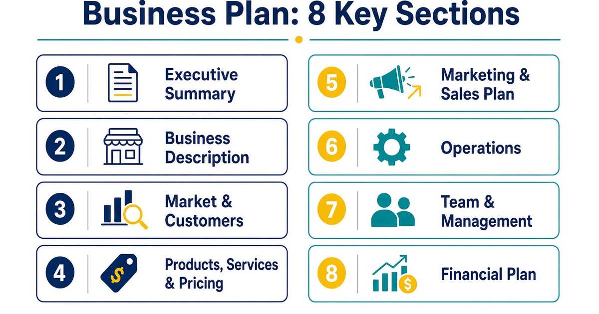 Business plan 8 key sections infographic