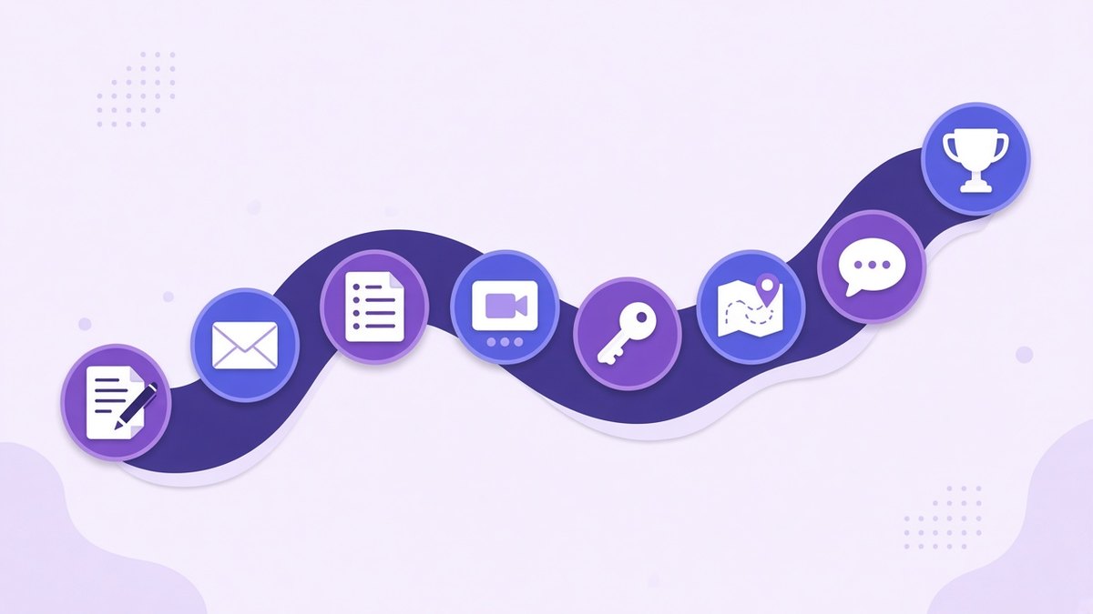 Winding path linking contract, email, form, video call, access key and kickoff icons to a trophy, mapping the 8 steps of client onboarding