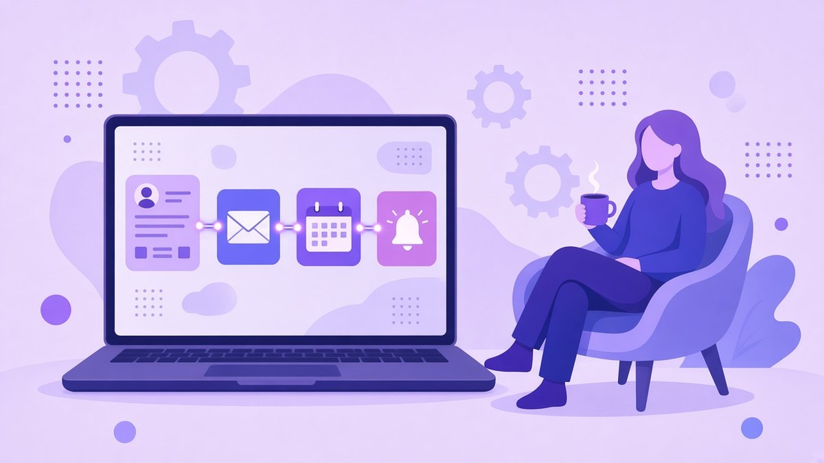 Freelancer relaxing with a coffee while a laptop runs automated welcome emails, scheduling and reminders for new clients