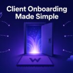 Glowing open door surrounded by contract, welcome email, checklist, calendar and key icons, representing a simple client onboarding process