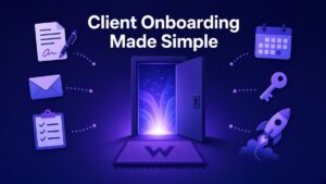 Client Onboarding Process: 8 Steps, Checklist and Welcome Email Template Glowing open door surrounded by contract, welcome email, checklist, calendar and key icons, representing a simple client onboarding process