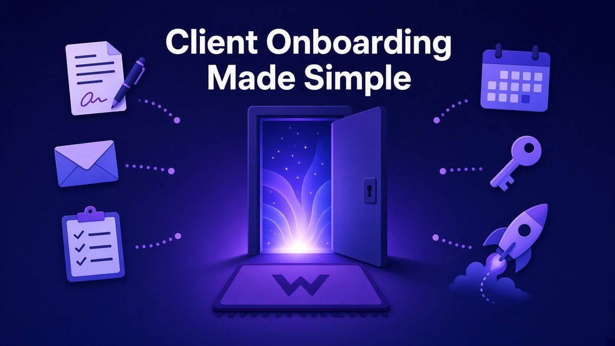 Glowing open door surrounded by contract, welcome email, checklist, calendar and key icons, representing a simple client onboarding process
