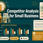 Competitor analysis for small business illustration: local shop fronts, a competitor comparison bar chart, price tags, customer review cards, a SWOT grid and keyword, pricing and review chips