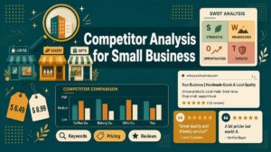 Competitor analysis for small business illustration: local shop fronts, a competitor comparison bar chart, price tags, customer review cards, a SWOT grid and keyword, pricing and review chips
