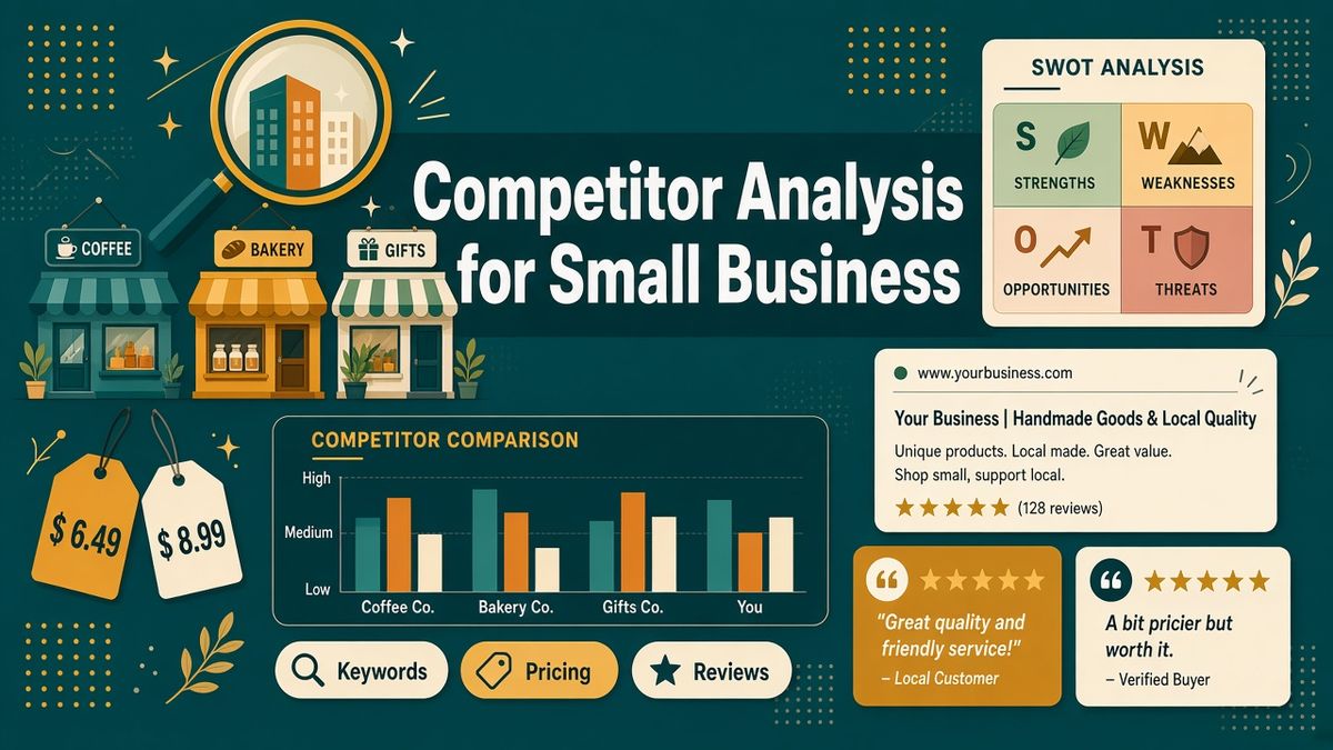 Competitor analysis for small business illustration: local shop fronts, a competitor comparison bar chart, price tags, customer review cards, a SWOT grid and keyword, pricing and review chips