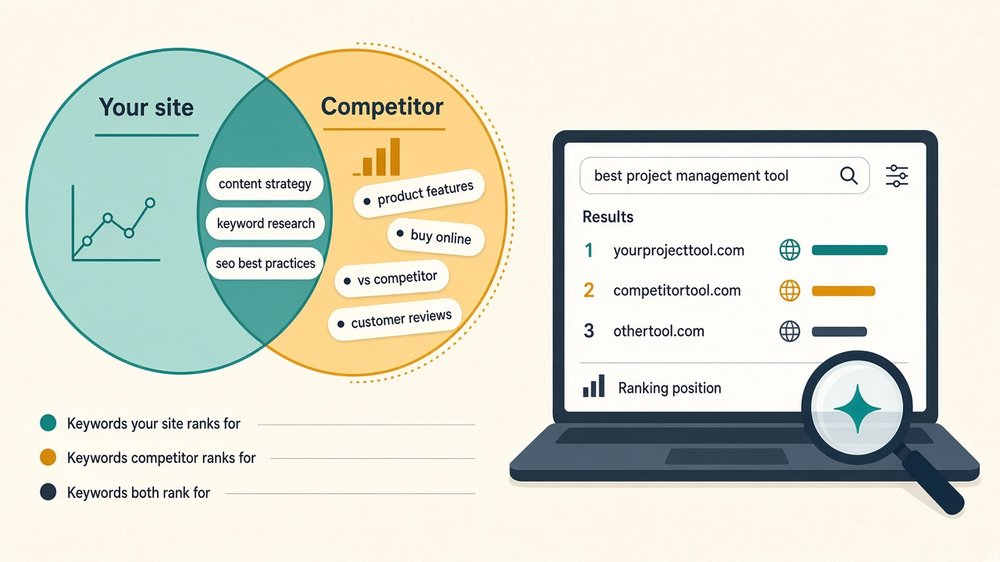 Keyword gap step in a competitor analysis for small business: a Venn diagram of keywords your site and a competitor rank for, beside a laptop showing search ranking positions
