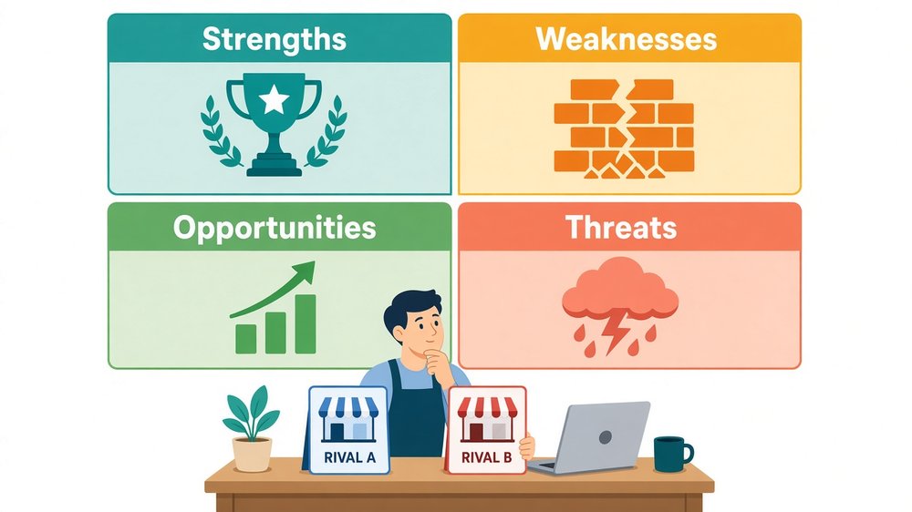 SWOT grid from a competitor analysis for small business: strengths, weaknesses, opportunities and threats tiles above an owner comparing Rival A and Rival B shops
