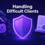Purple shield blocking an angry speech bubble and storm cloud beside a signed contract and stopwatch, representing how to handle difficult clients