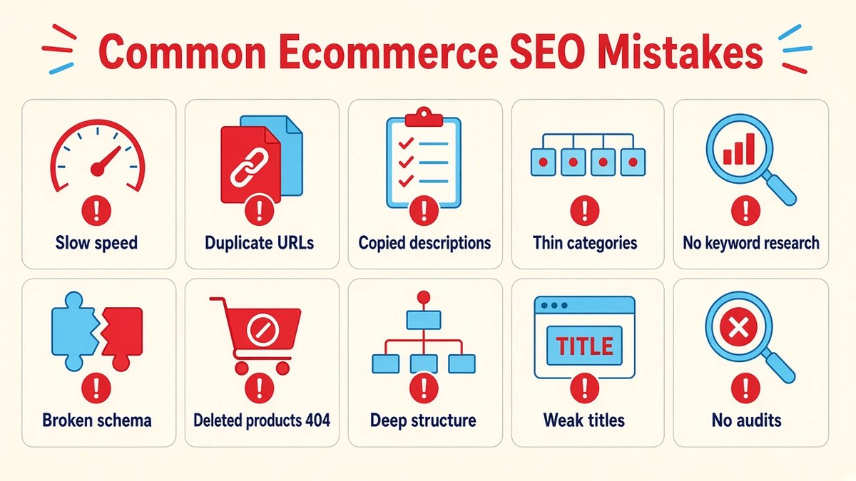Grid of ten common ecommerce SEO mistakes with warning icons: slow speed, duplicate URLs, copied descriptions, thin categories, no keyword research, broken schema, deleted products 404, deep structure, weak titles and no audits