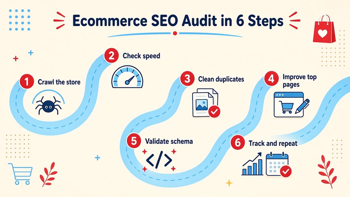Winding road map of a 6-step ecommerce SEO audit: crawl the store, check speed, clean duplicates, improve top pages, validate schema, then track and repeat
