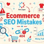 Cherry red and sky cyan illustration of ecommerce SEO mistakes: a laptop product page with a warning sign, slow page loader, duplicate red T-shirt listings, a broken 404 link, a search snippet under a magnifying glass and a rising traffic chart
