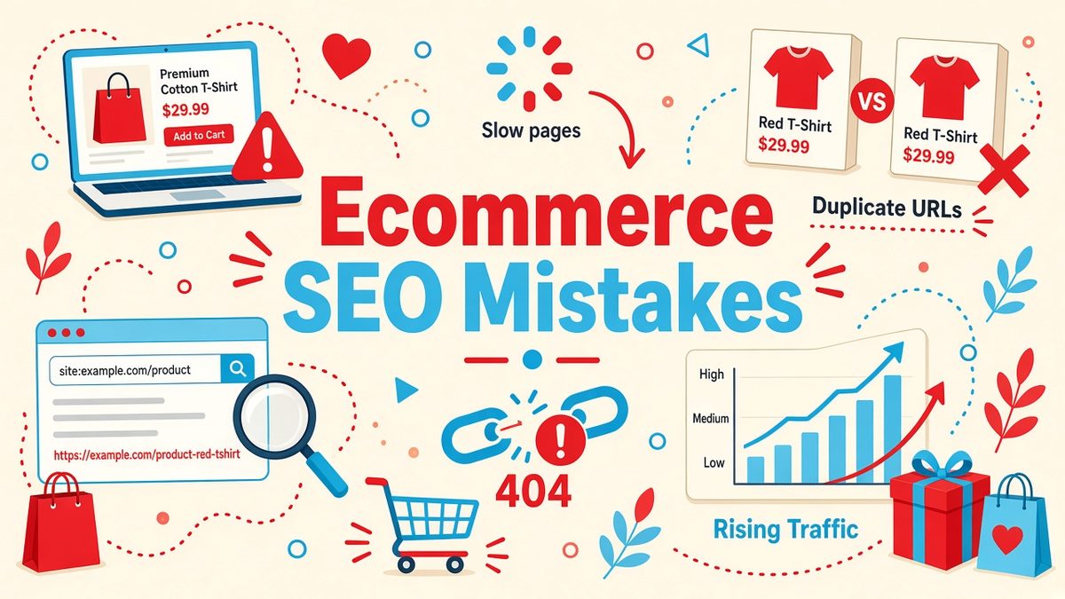 Cherry red and sky cyan illustration of ecommerce SEO mistakes: a laptop product page with a warning sign, slow page loader, duplicate red T-shirt listings, a broken 404 link, a search snippet under a magnifying glass and a rising traffic chart