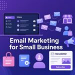 Illustration of a laptop inbox sending newsletter emails to a small shop and its customers, for email marketing for small business