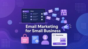 Email Marketing for Small Business: A Simple Beginner's Guide Illustration of a laptop inbox sending newsletter emails to a small shop and its customers, for email marketing for small business
