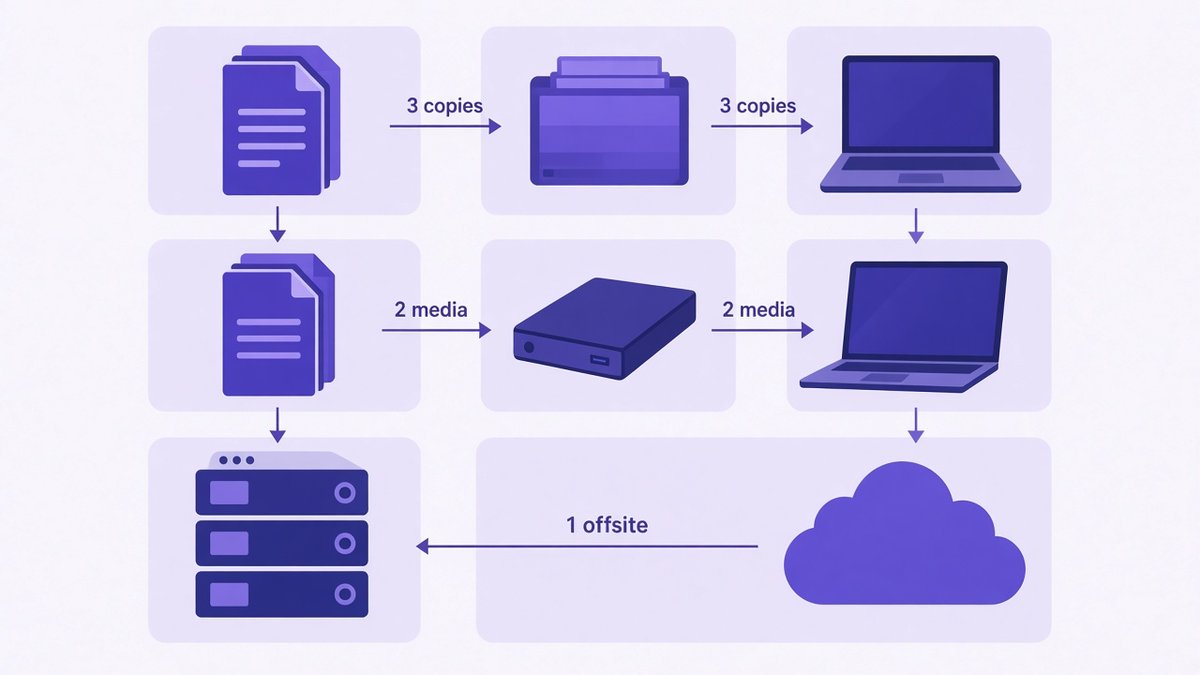 3-2-1 rule cards showing how to back up business data: three copies, two devices, one offsite cloud copy and a server