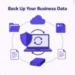 How to back up business data illustration: laptop with a shield and sync arrows linked to a cloud, an external drive and file folders
