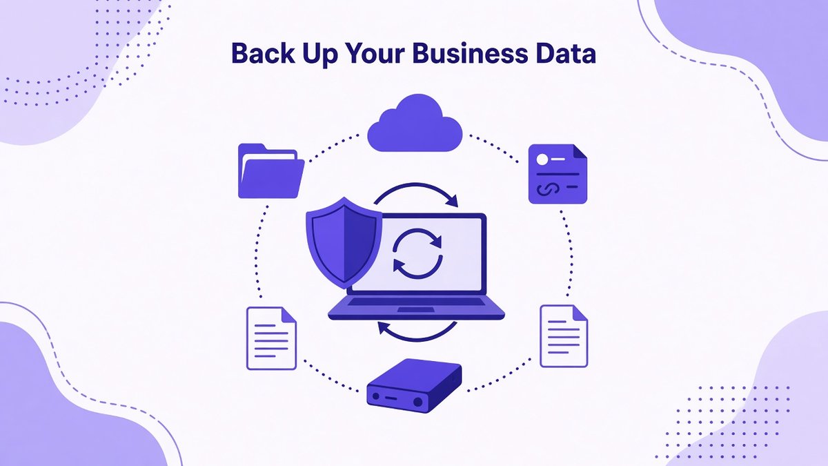 How to back up business data illustration: laptop with a shield and sync arrows linked to a cloud, an external drive and file folders
