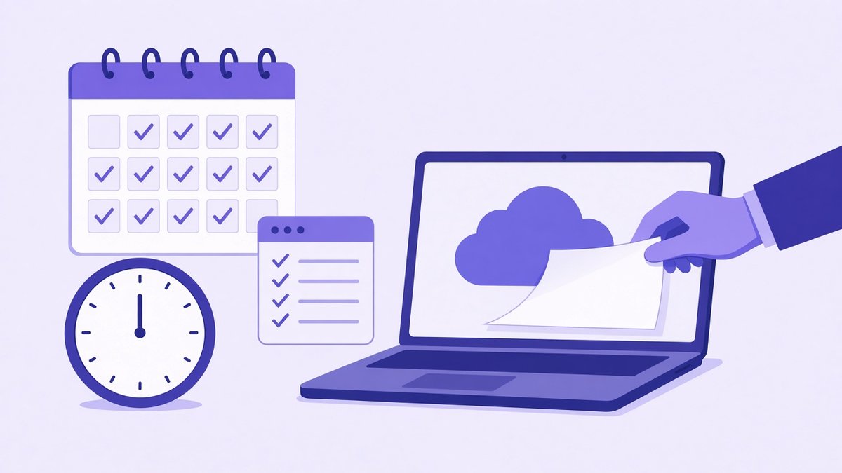 Calendar with checkmarks, a clock and a checklist next to a laptop restoring a document from the cloud, a step in how to back up business data