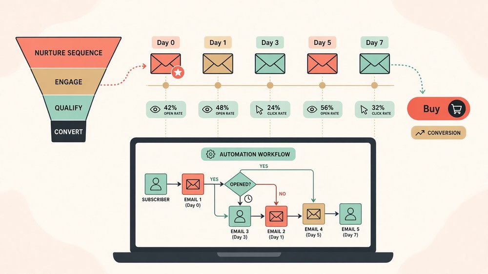 Nurture email timeline for how to build a sales funnel: emails on day 0 to day 7 with open rates leading to a buy button, above an automation workflow on a laptop