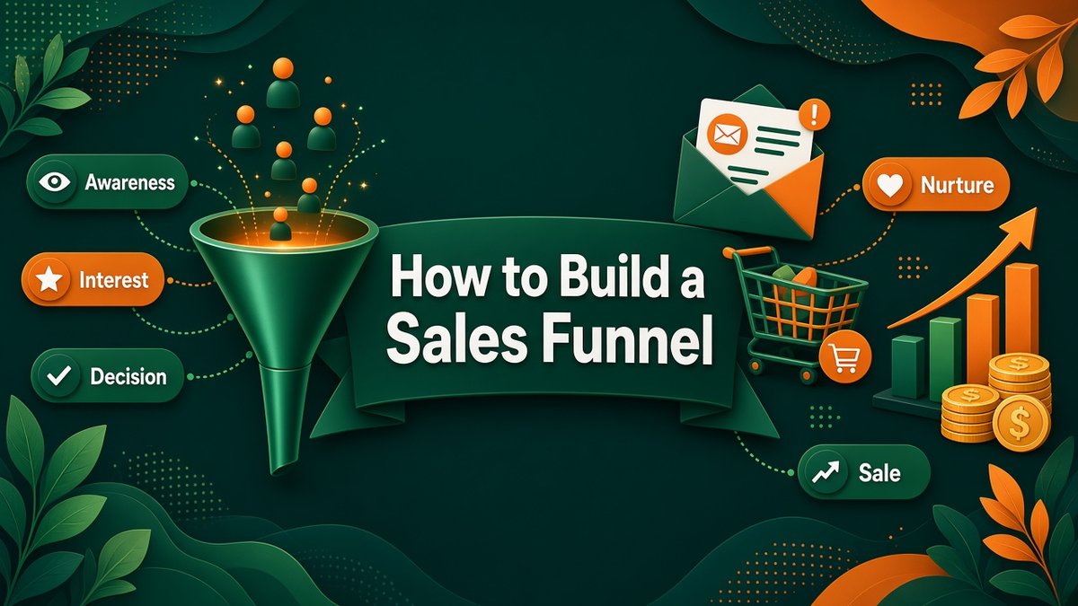 Emerald and tangerine illustration of how to build a sales funnel: people dropping into a funnel through awareness, interest and decision, then email nurture, checkout cart and rising sales