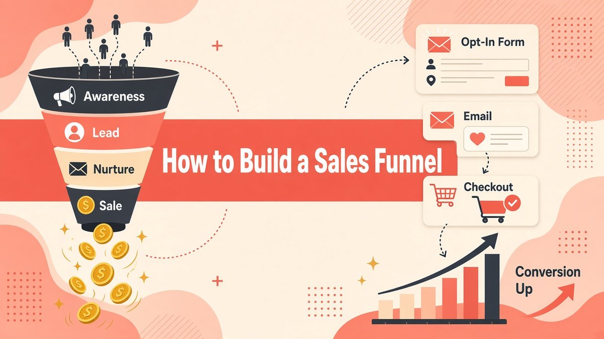 How to build a sales funnel illustration: a funnel moving people through awareness, lead, nurture and sale, with an opt-in form, email, checkout cart and rising conversion chart