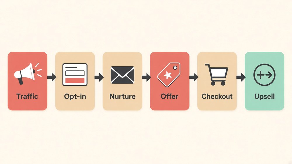 Sales funnel stages flow for how to build a sales funnel: traffic, opt-in, nurture, offer, checkout and upsell shown as connected icon tiles