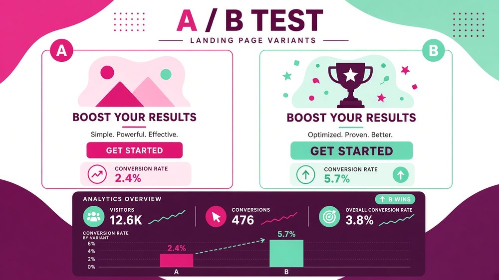 A/B test of two landing page versions, variant B with a bigger green button converting at 5.7% versus 2.4%, with an analytics overview of visitors and conversions