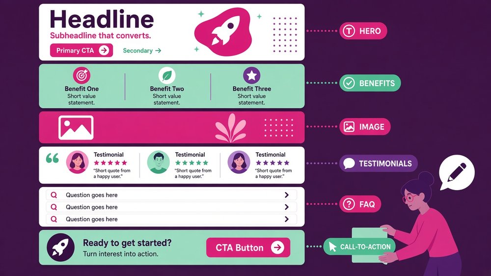 Anatomy of a high-converting page when you create a landing page: stacked hero, benefits, image, testimonials, FAQ and call-to-action sections being arranged by a designer