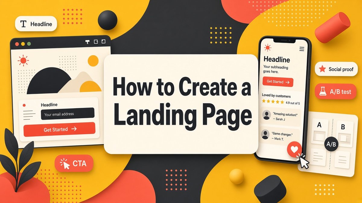 Mustard yellow and coral illustration of how to create a landing page: desktop wireframe with email form and CTA button, mobile version with reviews, and an A/B test card