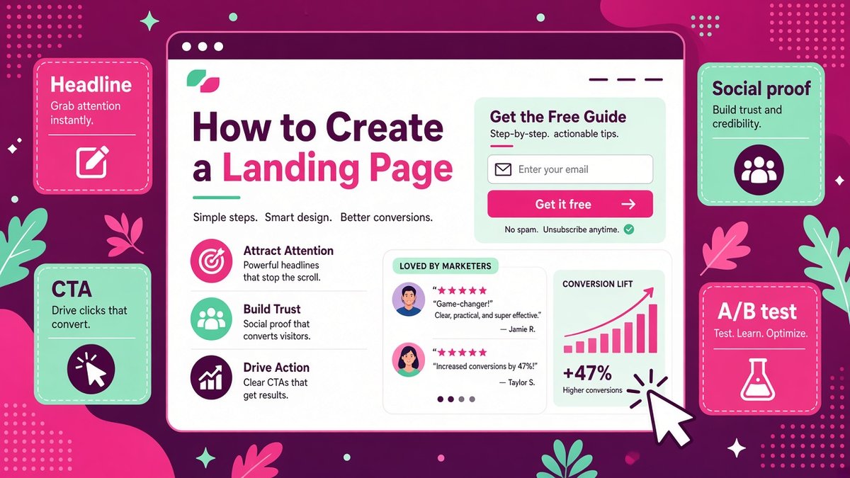 How to create a landing page illustration: a browser landing page with headline, benefit list, email opt-in form and Get it free button, testimonials, conversion lift chart and headline, CTA, social proof and A/B test chips
