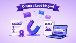 How to create a lead magnet illustration: a glowing magnet pulling in email envelopes between a checklist with a ribbon, an ebook and a laptop showing an email signup form