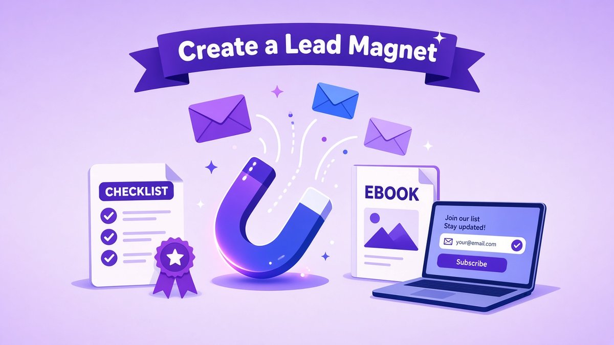 How to create a lead magnet illustration: a glowing magnet pulling in email envelopes between a checklist with a ribbon, an ebook and a laptop showing an email signup form