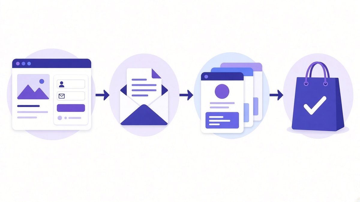 Lead magnet delivery flow from a landing page signup form to an email with the download, a welcome email sequence and a completed purchase bag