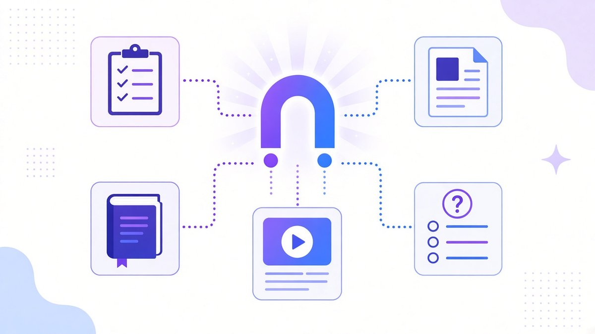 Five lead magnet formats linked to a central magnet: a checklist, a template sheet, a short ebook, a video mini course and a quiz, ideas to pick from when you create a lead magnet