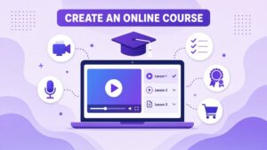 How to Create an Online Course: A Step-by-Step Guide for 2026 How to create an online course illustration: a laptop playing a video lesson with a lesson list, a graduation cap, a camera, a microphone, a checklist, a certificate ribbon and a shopping cart