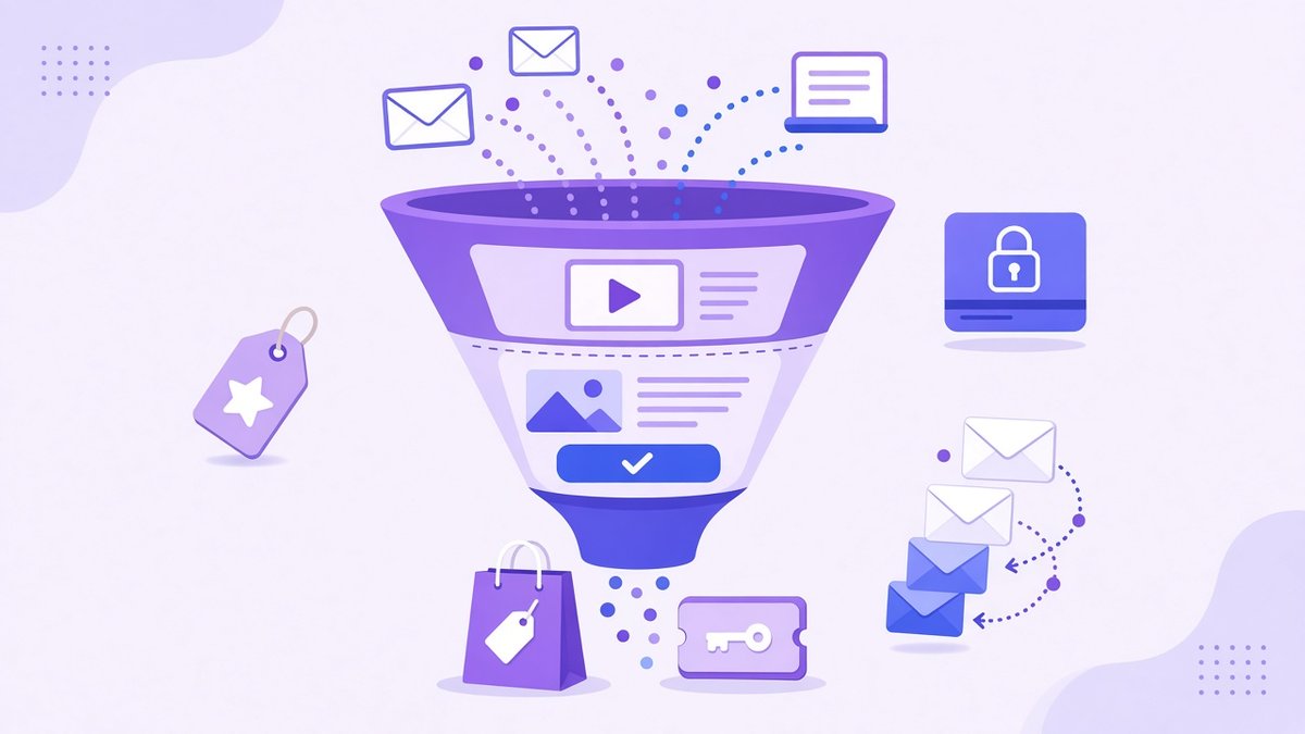 Online course sales funnel with emails and a free mini lesson at the top, a sales page with a buy button in the middle, and a shopping bag and course access key at the bottom, plus a price tag and secure payment card