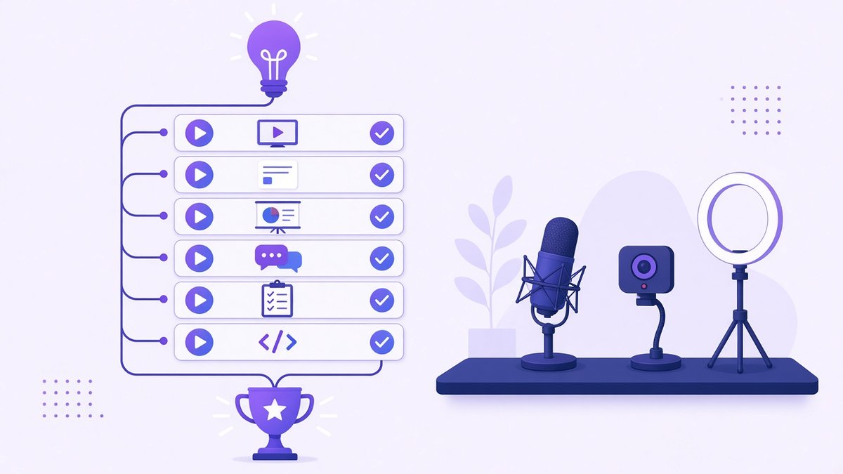 Online course outline as six module cards with play buttons and checkmarks leading from a lightbulb idea to a trophy, next to a microphone, webcam and ring light recording setup