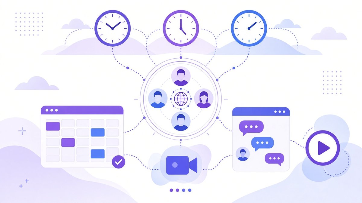 Three clocks in different time zones linked to a team hub, a shared calendar, a team chat, a video meeting icon and a recorded update, the communication setup to manage a remote team