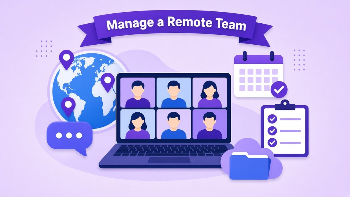 How to manage a remote team illustration: a laptop video call with six team members, a globe with location pins, a chat bubble, a calendar, a checklist and a cloud folder