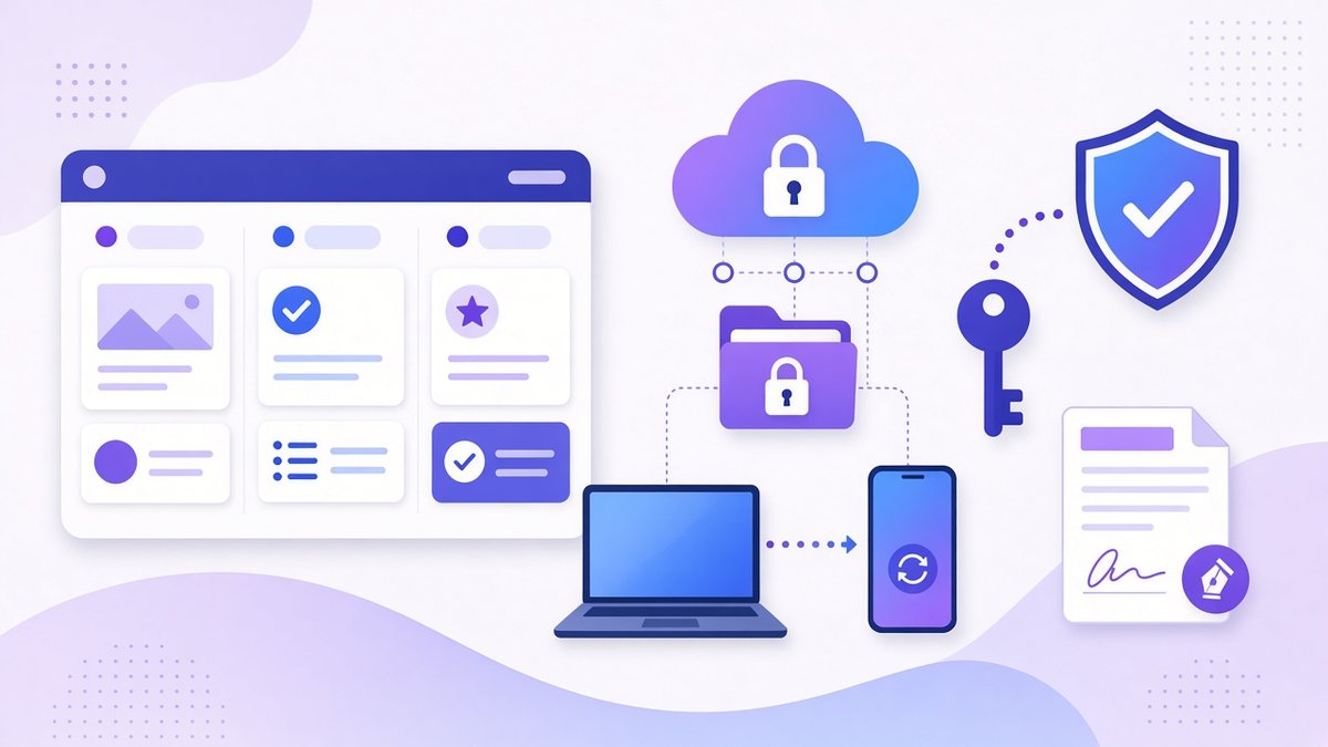 Kanban task board, an encrypted cloud folder syncing to a laptop and phone, a security shield with a key and a signed document, the core tools and security to manage a remote team