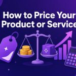 Illustration of a price tag, a balance scale weighing coins against a product box and a calculator for pricing a product or service