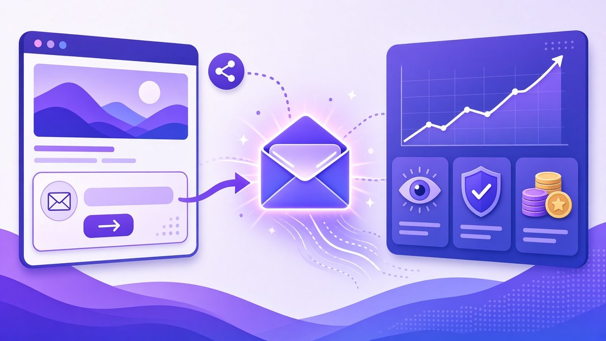 Newsletter growth flow from a website signup box and social sharing into a glowing envelope, then to a dashboard with a rising chart, an open-rate eye, a GDPR consent shield and coins for income